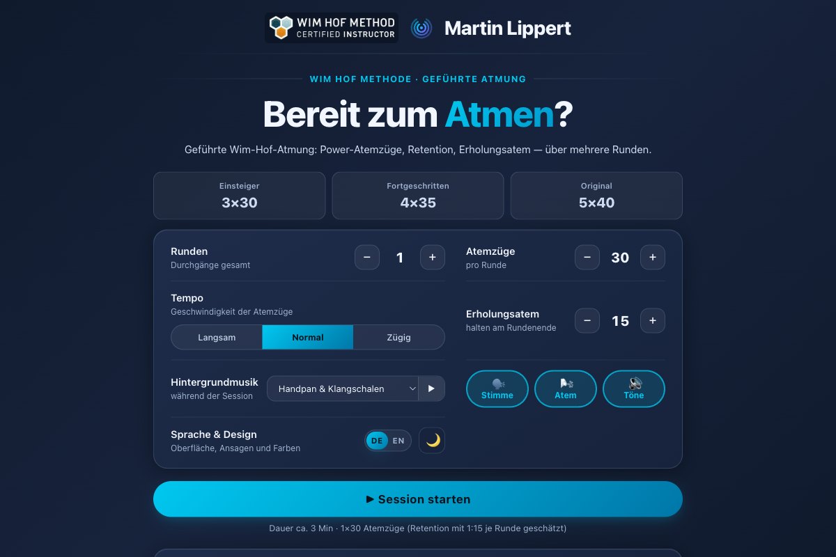Der Atemtimer im Browser: Runden, Atemzüge und Erholungsatem einstellen, dann Session starten