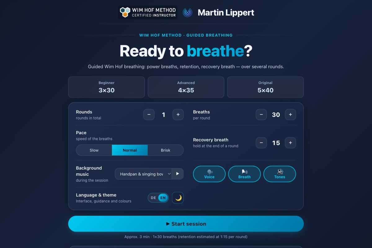 The breathing timer in the browser: set rounds, breaths and recovery hold, then start the session